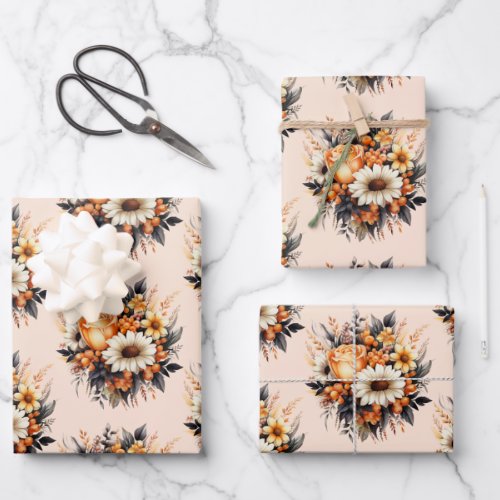  Orange Yellow Gray Flower Bouquet Pattern Wrapping Paper Sheets