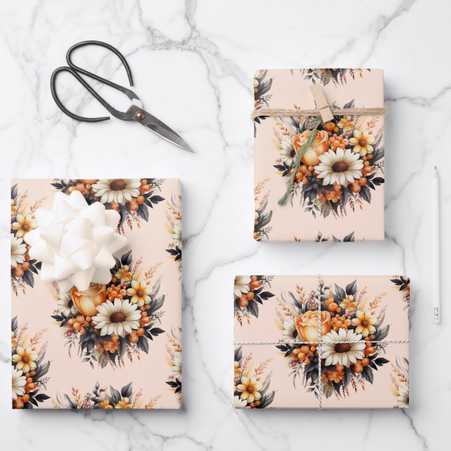  Orange Yellow Gray Flower Bouquet Pattern Wrapping Paper Sheets (Front)