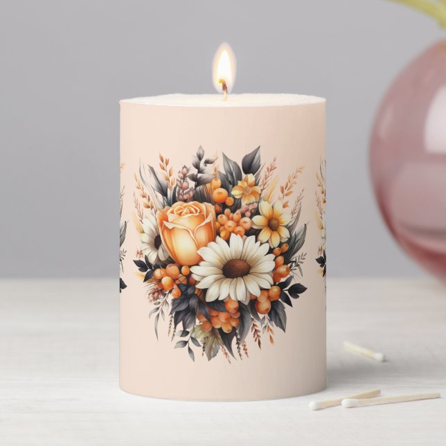 Orange Yellow Gray Flower Bouquet Pillar Candle (In Situ)