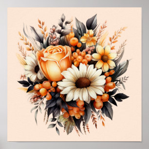 Orange Yellow Gray Flower Bouquet Poster