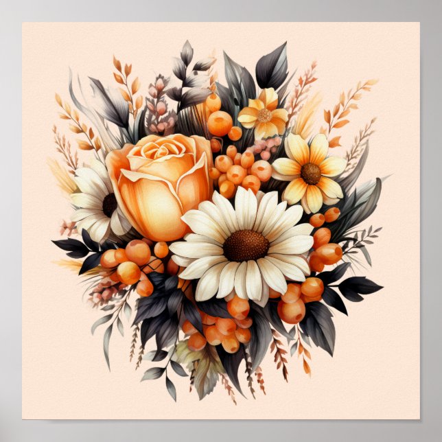 Orange Yellow Gray Flower Bouquet Poster (Front)