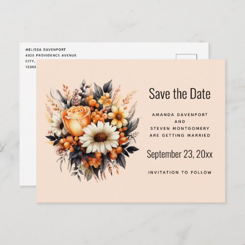 Orange Yellow Gray Flower Bouquet Save the Date Invitation Postcard
