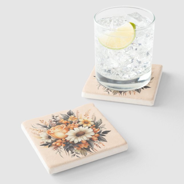 Orange Yellow Gray Flower Bouquet Stone Coaster (Side)