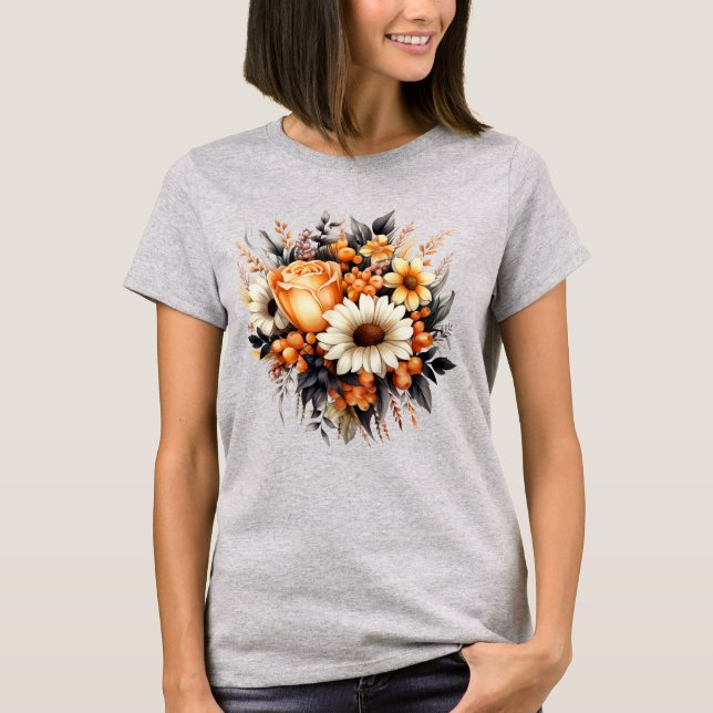 Orange Yellow Gray Flower Bouquet T-Shirt (Front)