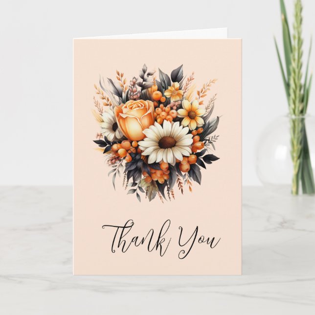 Orange Yellow Gray Flower Bouquet Thank You Card (Front)