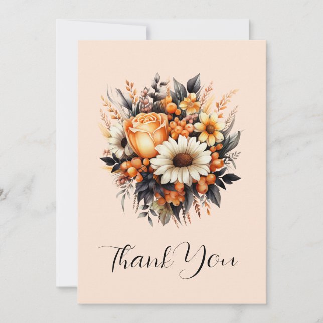 Orange Yellow Gray Flower Bouquet Thank You Card (Front)