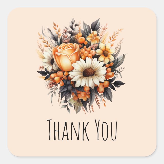 Orange Yellow Gray Flower Bouquet Thank You Square Sticker (Front)