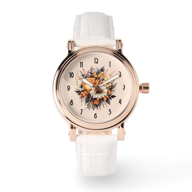 Orange Yellow Gray Flower Bouquet Watch (Front)