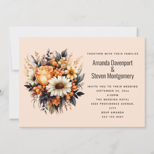 Orange Yellow Gray Flower Bouquet Wedding Invitation (Front)
