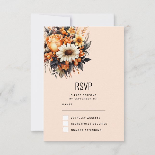Orange Yellow Gray Flower Bouquet Wedding RSVP Card (Front)