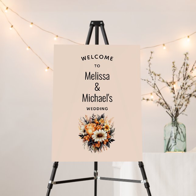 Orange Yellow Gray Flower Bouquet Wedding Welcome Foam Board (In Situ (Stand))