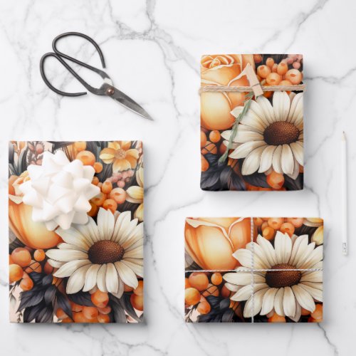 Orange Yellow Gray Flower Bouquet Wrapping Paper Sheets