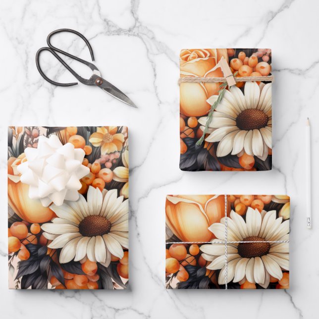 Orange Yellow Gray Flower Bouquet Wrapping Paper Sheets (Front)