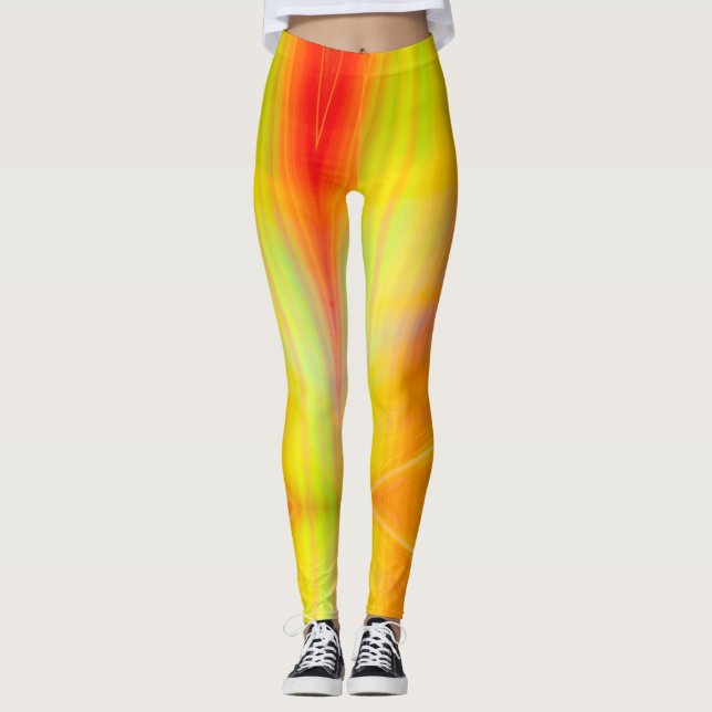 Orange yellow green abstract light streak cool fun leggings (Front)