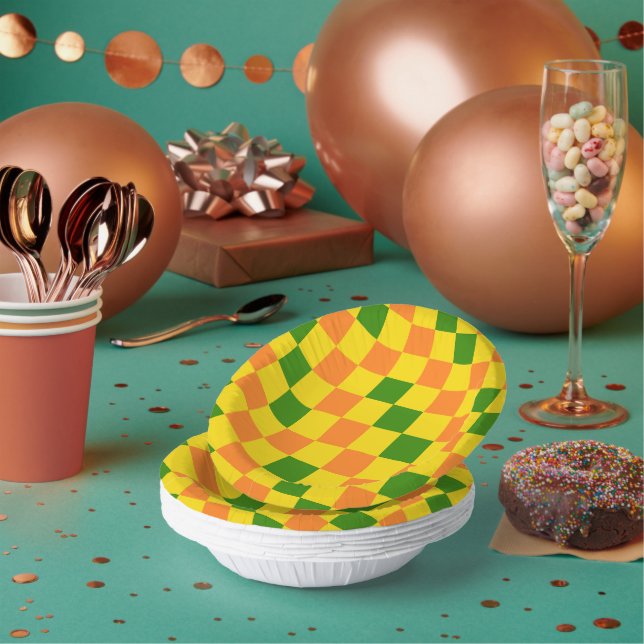 Orange Yellow Green Checkered Pattern Design  Paper Bowls (Multi)
