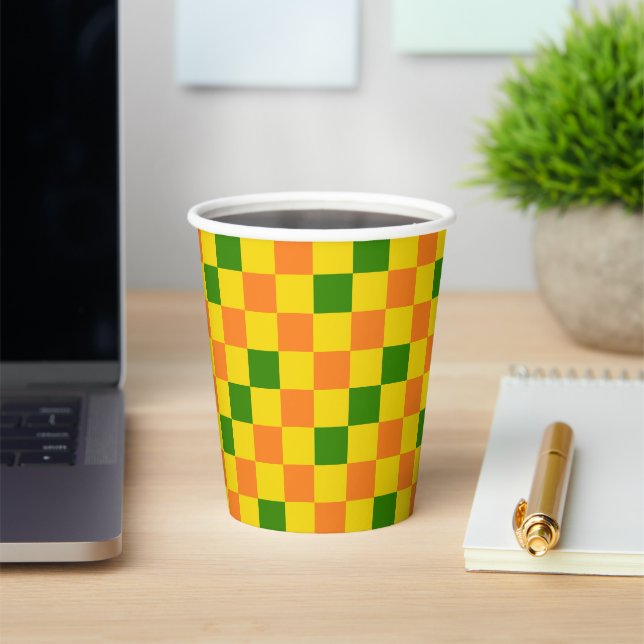 Orange Yellow Green Checkered Pattern Design  Paper Cups (Insitu)