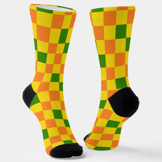 Orange Yellow Green Checkered Pattern Design  Socks (Angled)