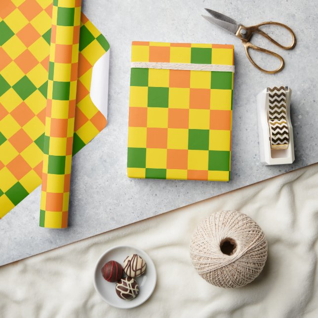 Orange Yellow Green Checkered Pattern Design  Wrapping Paper (Crafts)