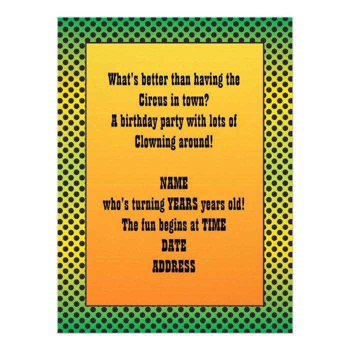 Orange Yellow Green  Dots Clown Party Invitation 