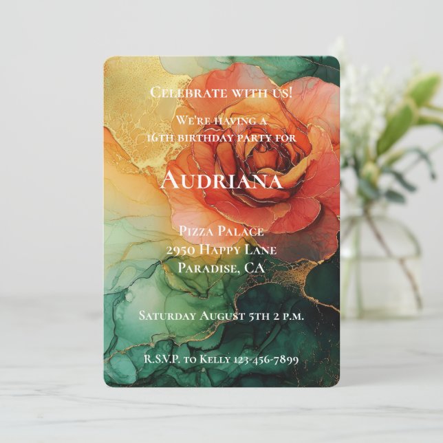 Orange Yellow Green Gold Floral Birthday Invitation (Standing Front)