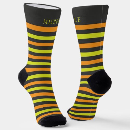 Orange  Yellow  Green Lines Striped Custom Name  Socks