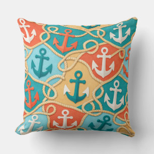 ORANGE YELLOW GREEN TEAL ANCHORS ROPES SEASHELLS THROW PILLOW