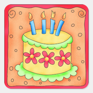 Orange Yellow Happy Birthday Cake Candles Square Sticker