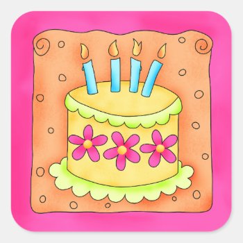 Orange Yellow Happy Birthday Cake Candles Square Sticker by phyllisdobbs at Zazzle