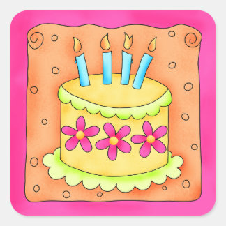 Orange Yellow Happy Birthday Cake Candles Square Sticker