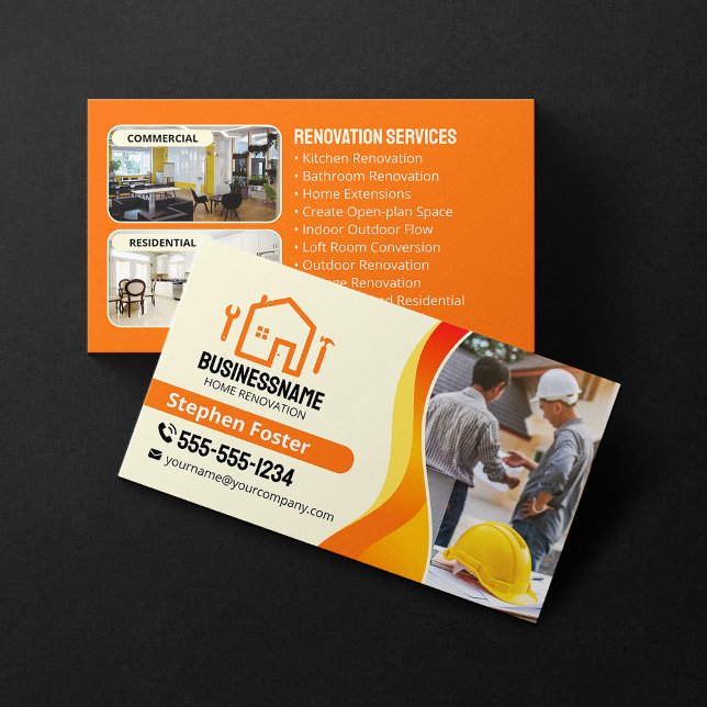 Orange Yellow Home Renovation Contractor Builder Business Card (Creator Uploaded)