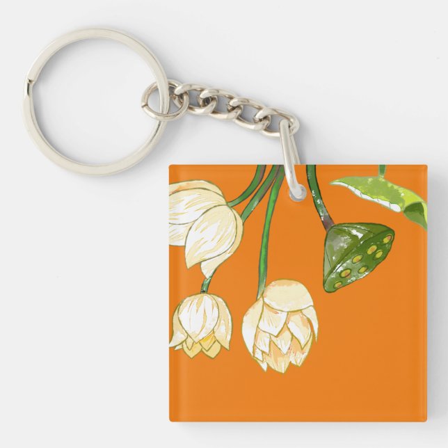 Orange Yellow Lotus Flowers & Lotus Seedpod Keycha Keychain (Front)