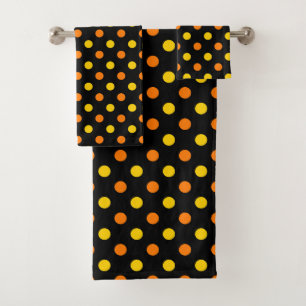 Orange Yellow On Black Polka Dots Design Bath Towel Set