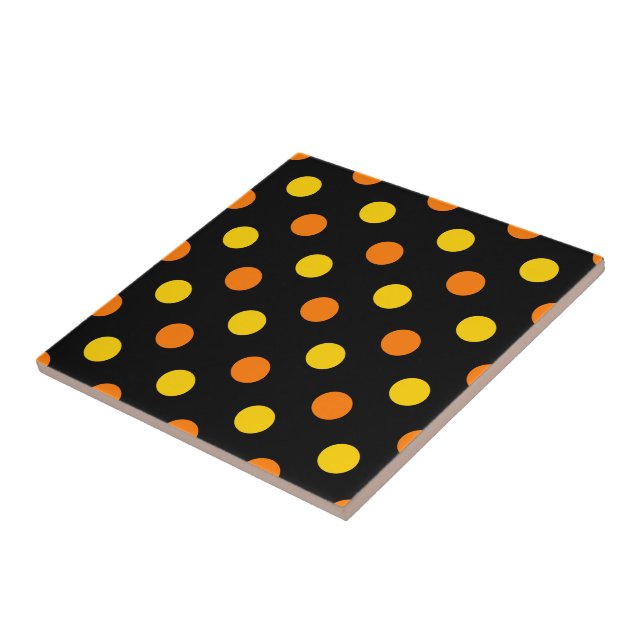 Orange Yellow On Black Polka Dots Design  Ceramic Tile (Side)