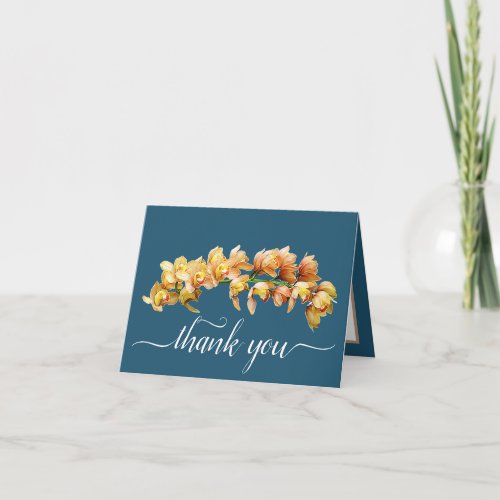 Orange Yellow Orchids Cyan Background Thank You Card