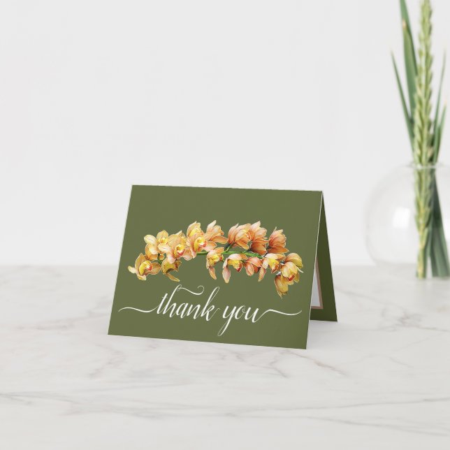 Orange Yellow Orchids Green Background Thank You Card (Front)