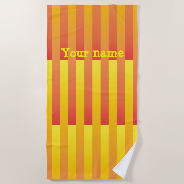 Orange Yellow Personalize Striped Pattern Beach Towel (Front)