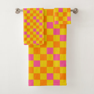 Orange Yellow Pink Checkered Pattern Design  Bath Towel Set