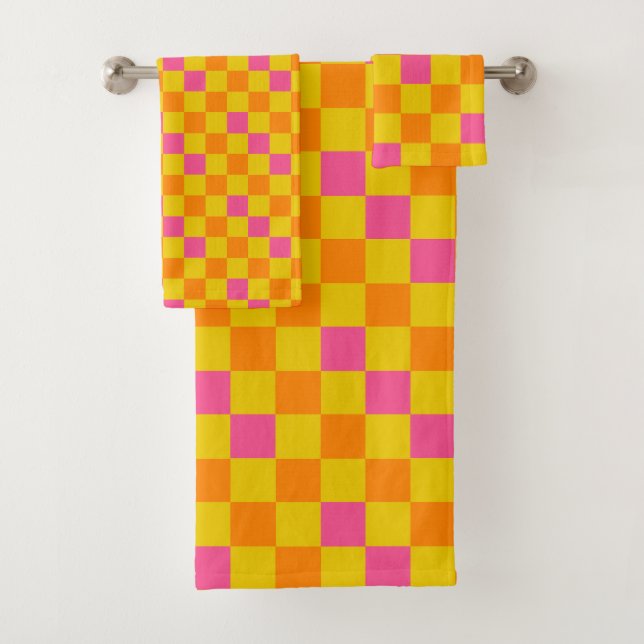 Orange Yellow Pink Checkered Pattern Design  Bath Towel Set (Insitu)