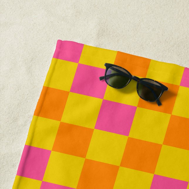 Orange Yellow Pink Checkered Pattern Design  Beach Towel (In Situ)