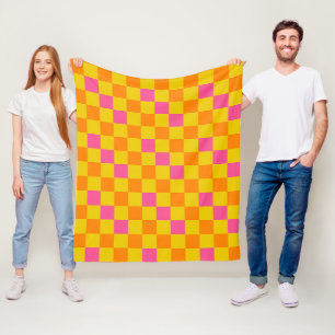 Orange Yellow Pink Checkered Pattern Design Fleece Blanket