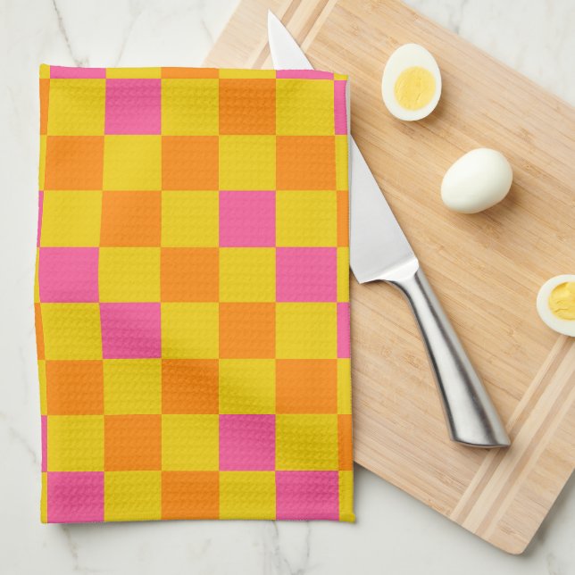 Orange Yellow Pink Checkered Pattern Design  Kitchen Towel (Quarter Fold)