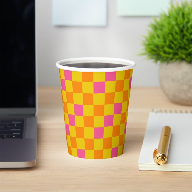 Orange Yellow Pink Checkered Pattern Design  Paper Cups (Insitu)