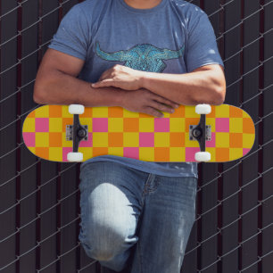 Orange Yellow Pink Checkered Pattern Design Skateboard