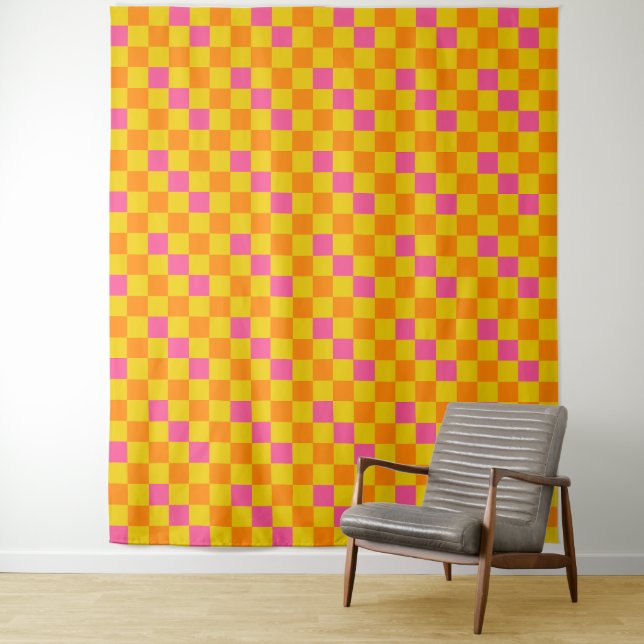 Orange Yellow Pink Checkered Pattern Design  Tapestry (In Situ)