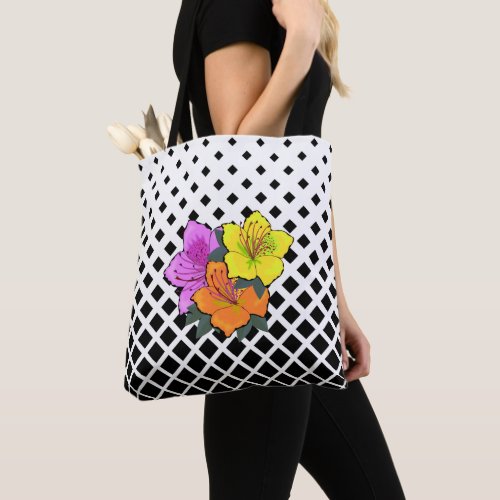 Orange Yellow Pink Flowers on Black White Graphic Tote Bag