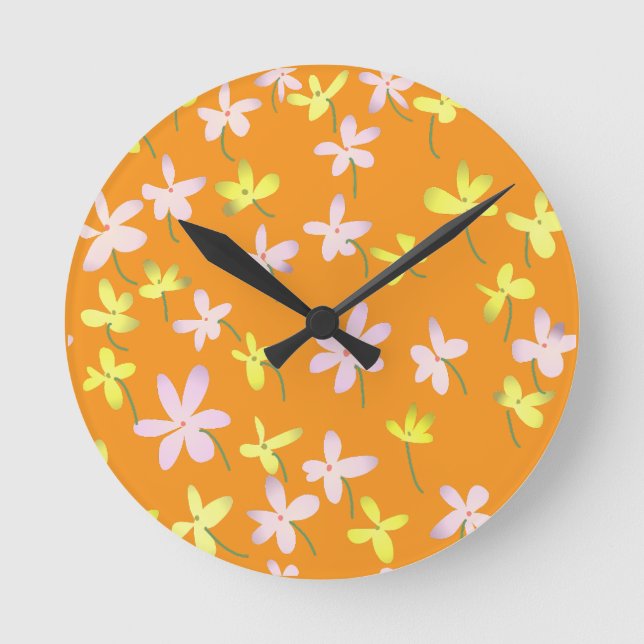 Orange Yellow Pink Minimalist Floral Botanical  Round Clock (Front)