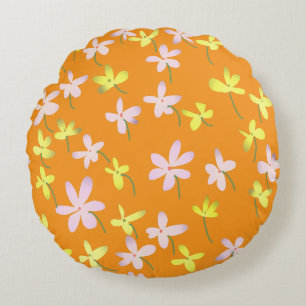 Orange Yellow Pink Minimalist Floral Botanical Round Pillow