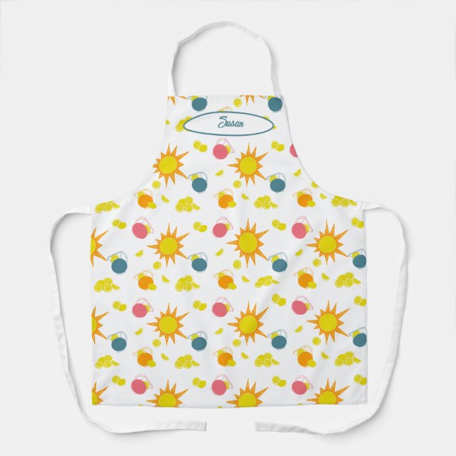 Orange Yellow Pink Teal Suns Lemons Pitchers Apron (Front)