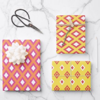 Orange, Yellow & Pink Tribal Diamond Ikat Pattern 