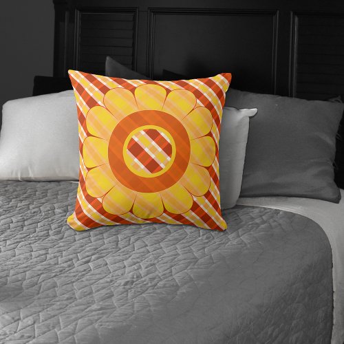 Orange Yellow Plaid Floral Spring Throw Pillow